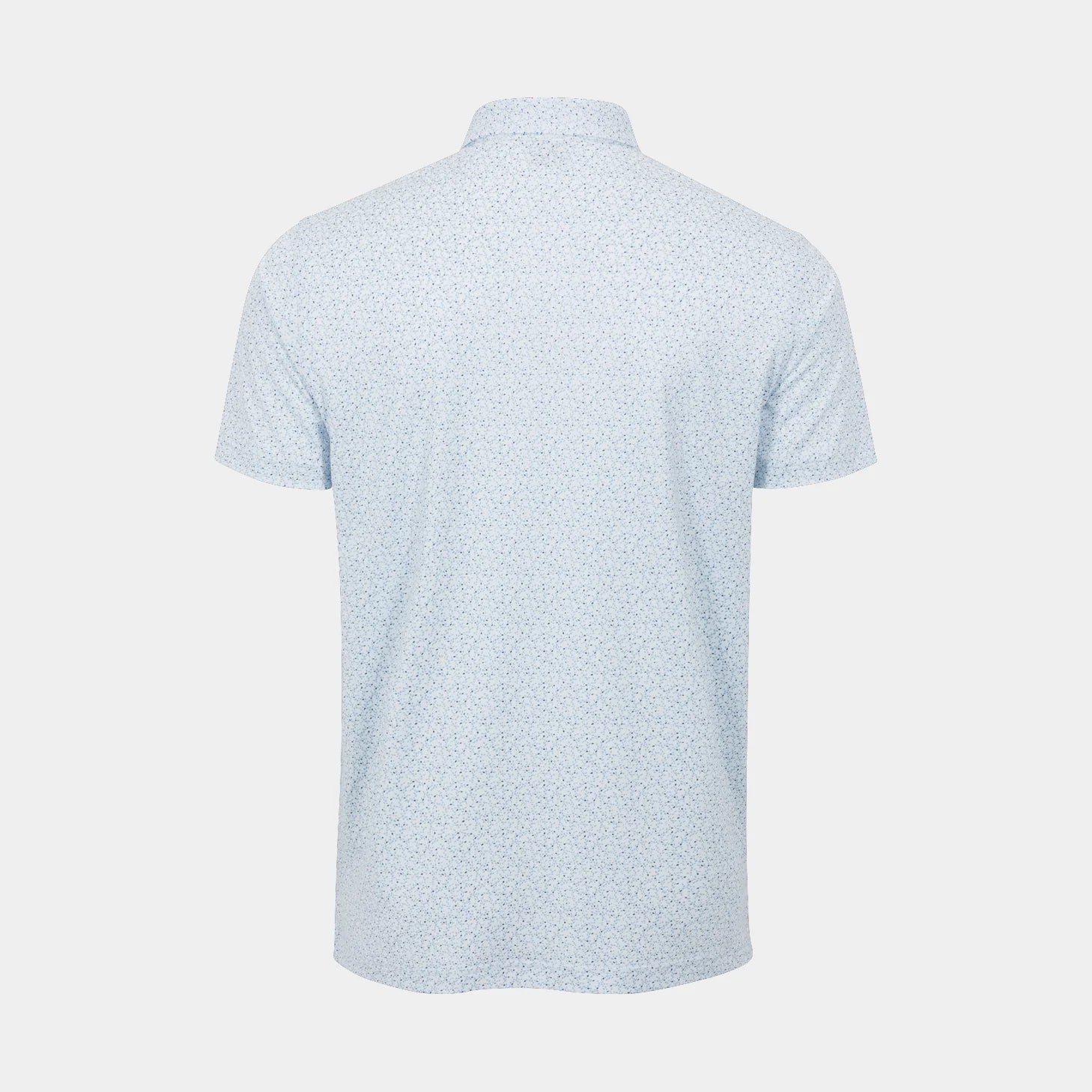 A light Cashmere Blue short-sleeve polo shirt with a small repeating geometric pattern, shown from the back on a light gray background.