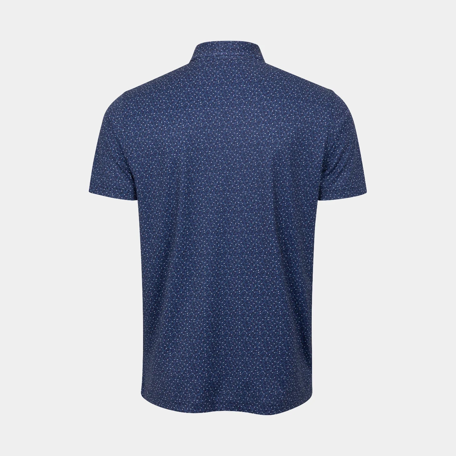 A short-sleeve polo shirt shown from the back, featuring a dark Halo blue base with a small, dense white micro-pattern, set against a solid light gray background.