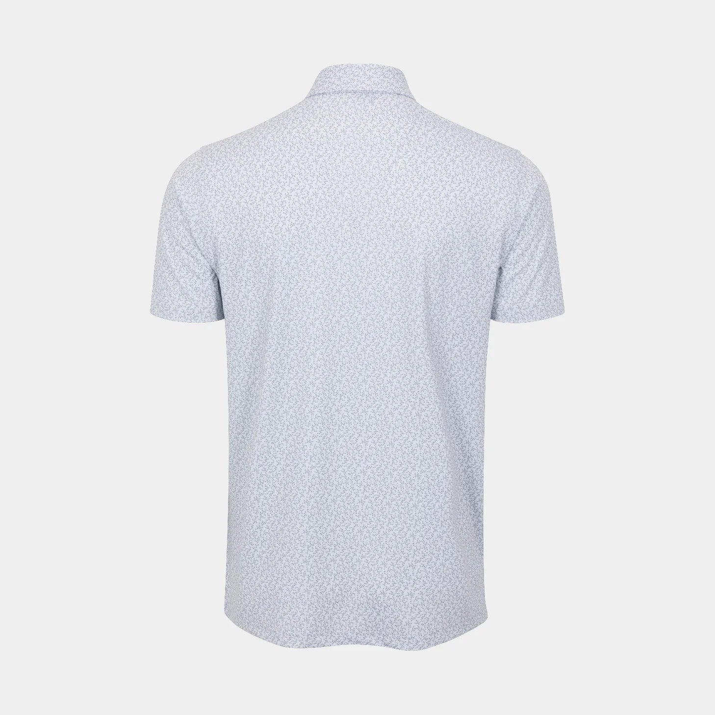 A short-sleeve polo shirt shown from the back, featuring a light Micro-Chip gray and white micro-pattern, set against a solid light gray background.