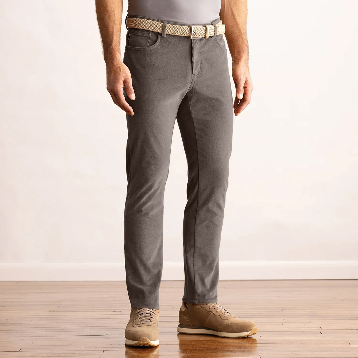 Model wearing the Dunning Seabury Corduroy Performance Pant in Mink, front view.
