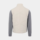 Quilted jacket with gray sleeves on a mannequin against a white background