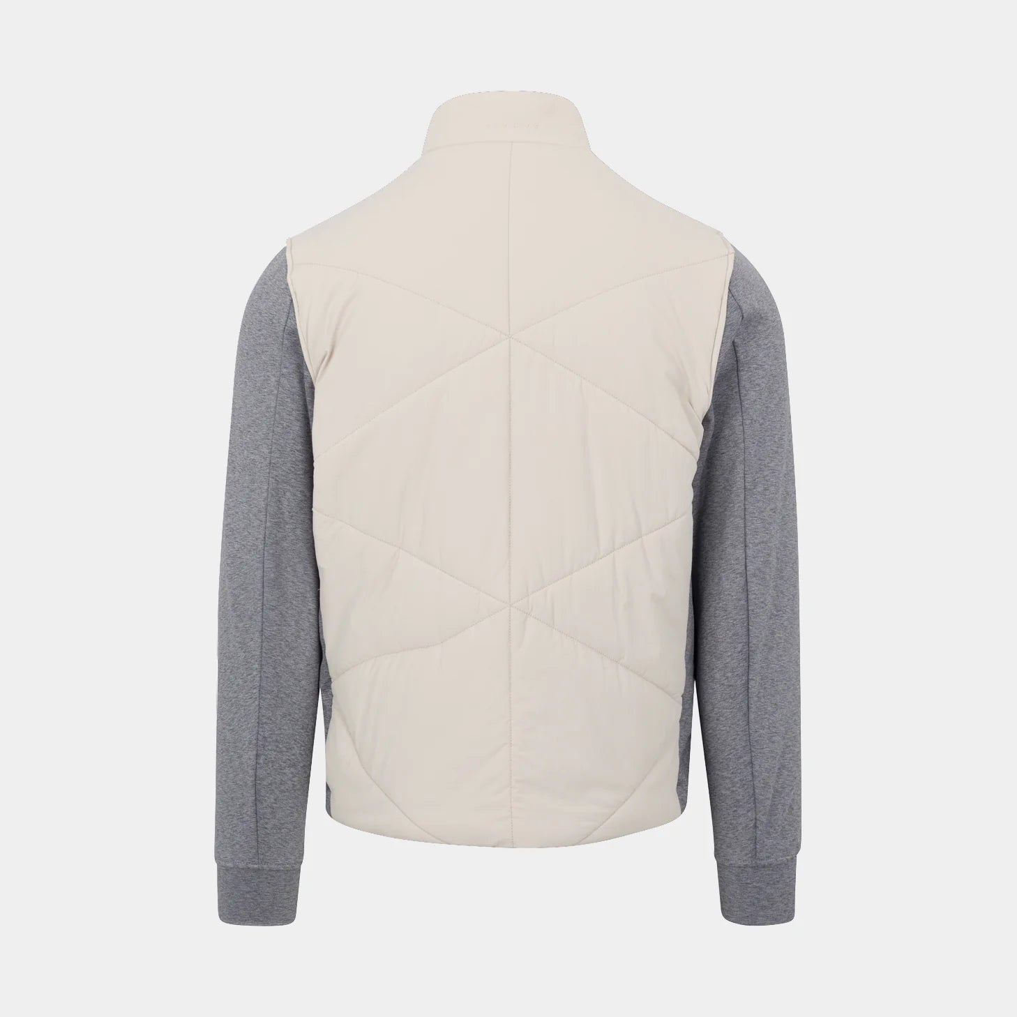 Quilted jacket with gray sleeves on a mannequin against a white background