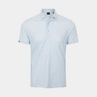A light Cashmere Blue short-sleeve polo shirt with a fine white micro-pattern, displayed on a clean, light gray background.