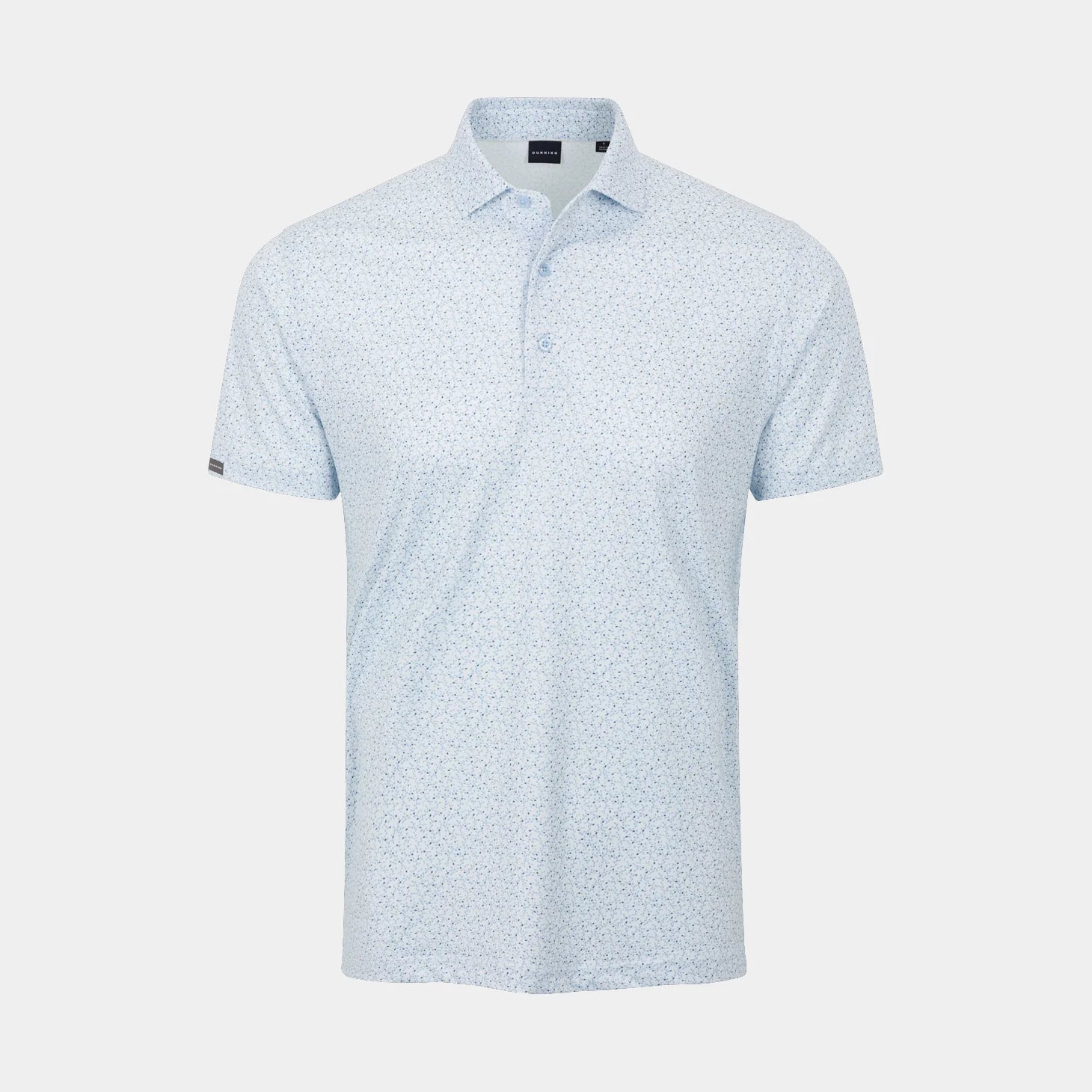 A light Cashmere Blue short-sleeve polo shirt with a fine white micro-pattern, displayed on a clean, light gray background.