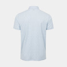 A light Cashmere Blue short-sleeve polo shirt with a small repeating geometric pattern, shown from the back on a light gray background.