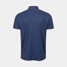 A short-sleeve polo shirt shown from the back, featuring a dark Halo blue base with a small, dense white micro-pattern, set against a solid light gray background.