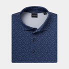 A folded dark Halo blue polo shirt with a dense white micro-dot pattern, featuring a classic collar, and button placket.