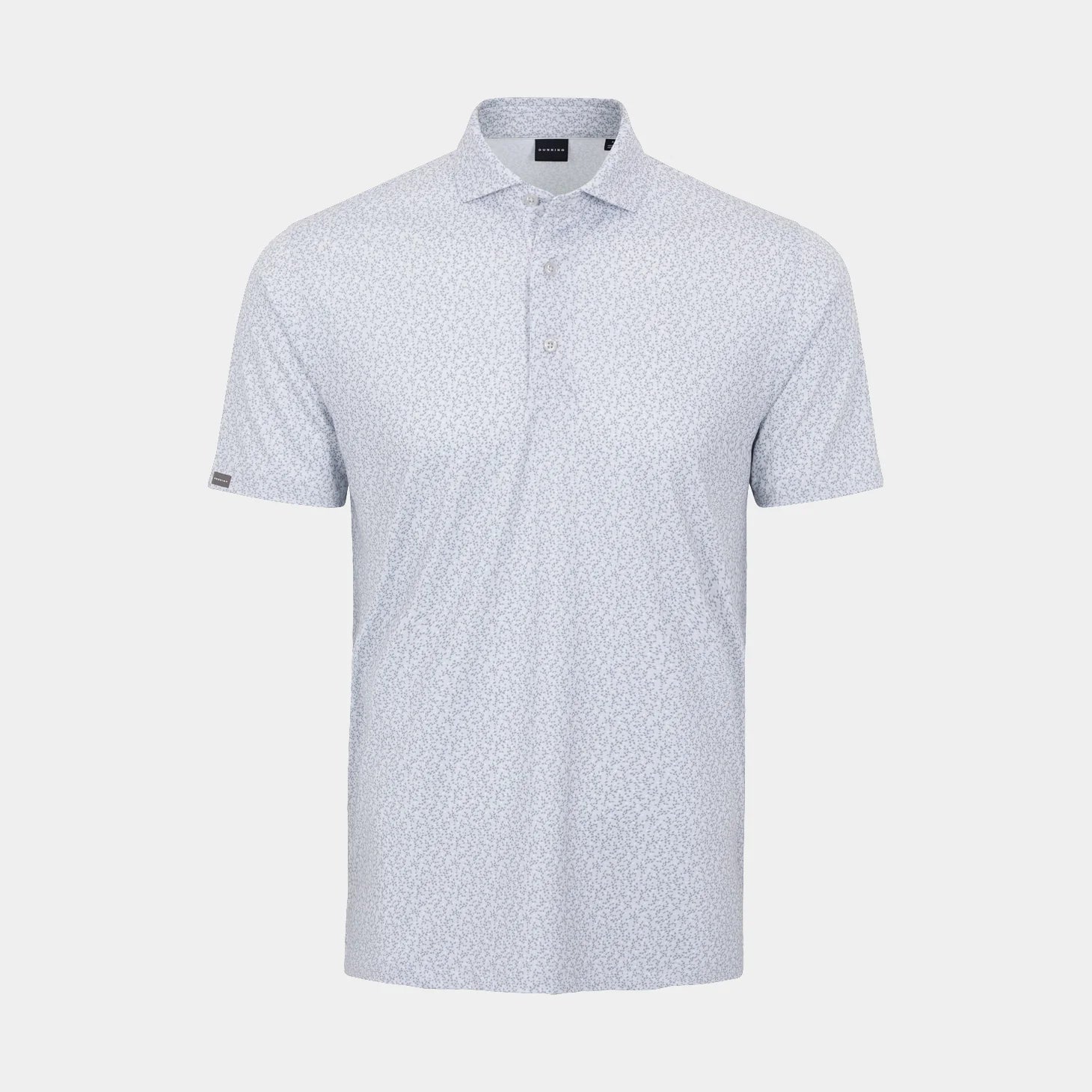 A short-sleeve polo shirt with a light Micro-Chip gray and white micro-pattern, shown on a neutral light gray background.